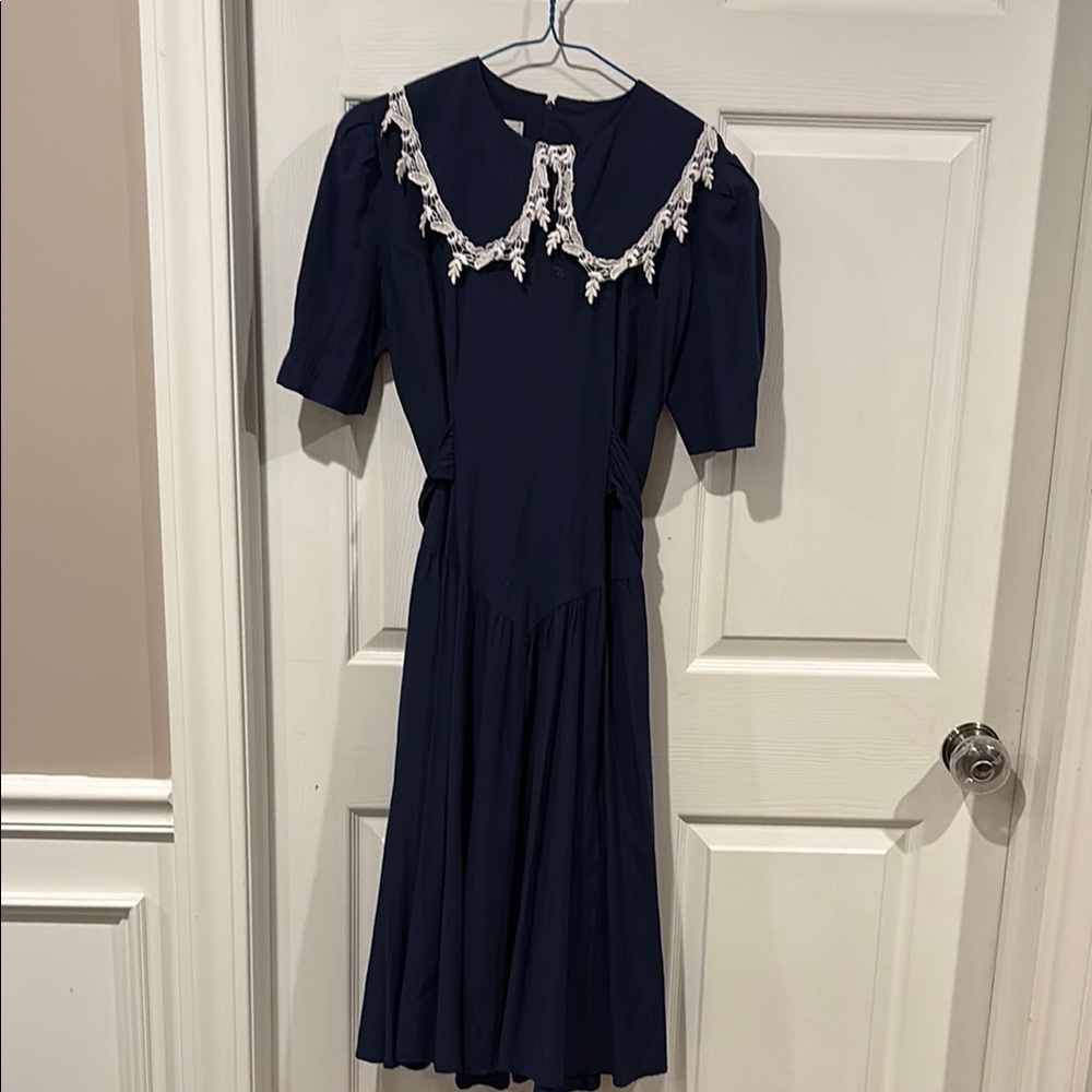Vintage Navy Blue Dress with White Lace Trim